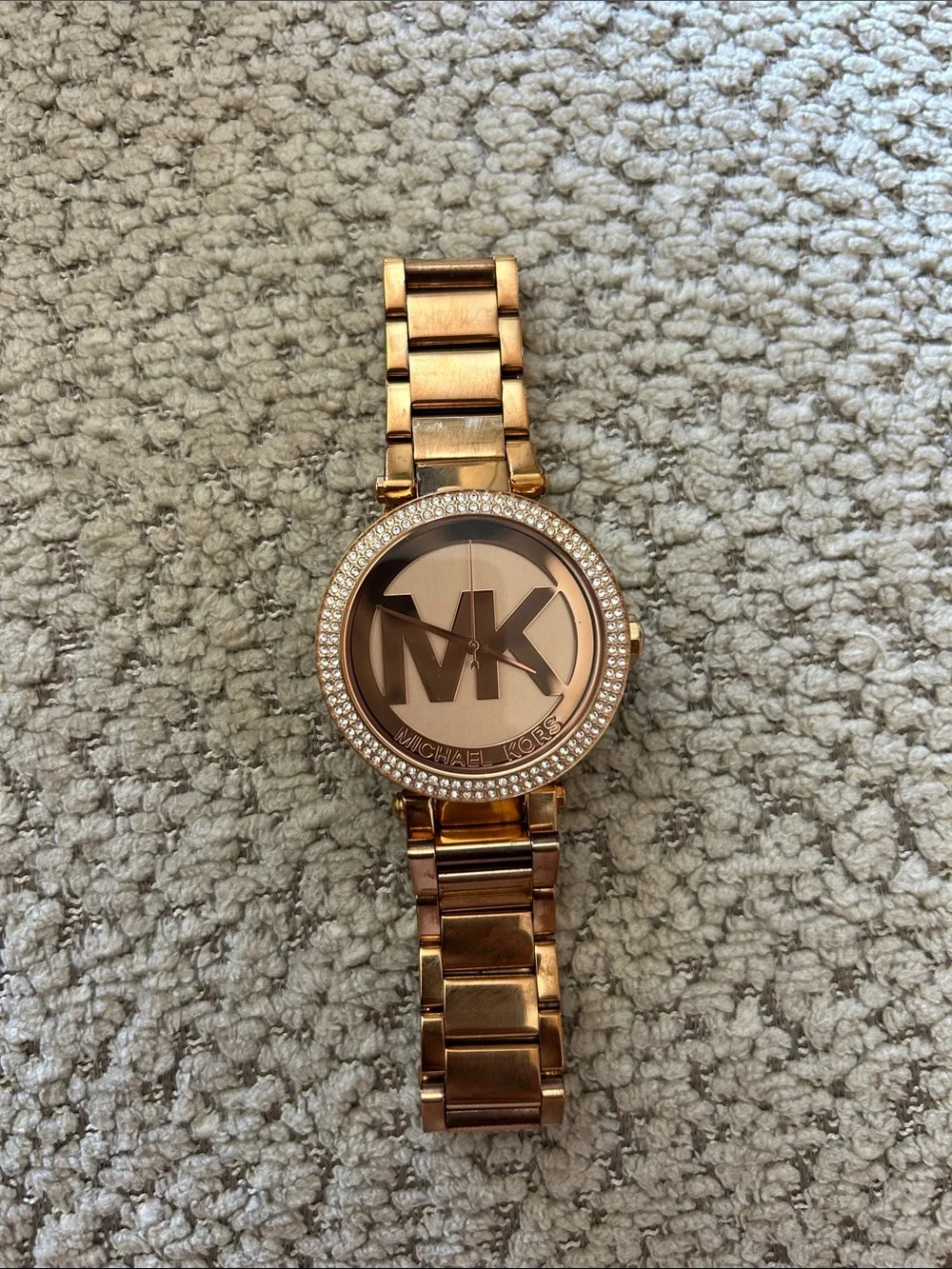 Michael Kors Rose Gold-Tone Crystal Bezel MK Logo Bracelet Watch